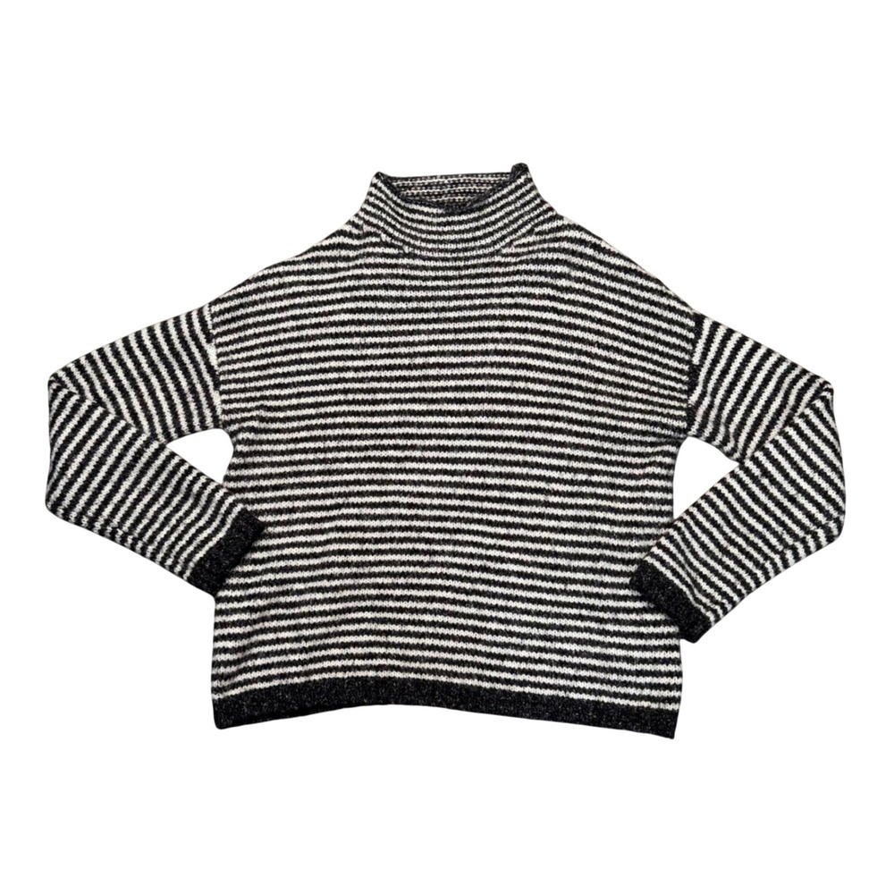 Anthropologie Mock Neck Sweater Women XS Black White Striped Knit Excellent Cozy